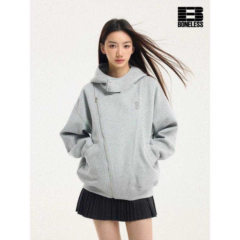 [BONELESS] Asymmetric Zip Hoodie – Light Grey Oversized Funnel Neck Jacket