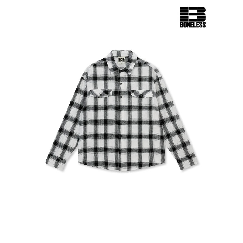 [BONELESS] Black & White Check Flannel Shirt – Long Sleeve Relaxed Fit