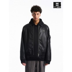 [BONELESS] Leather-Look Bomber Jacket – Black Zip-Up Oversized Layering Piece