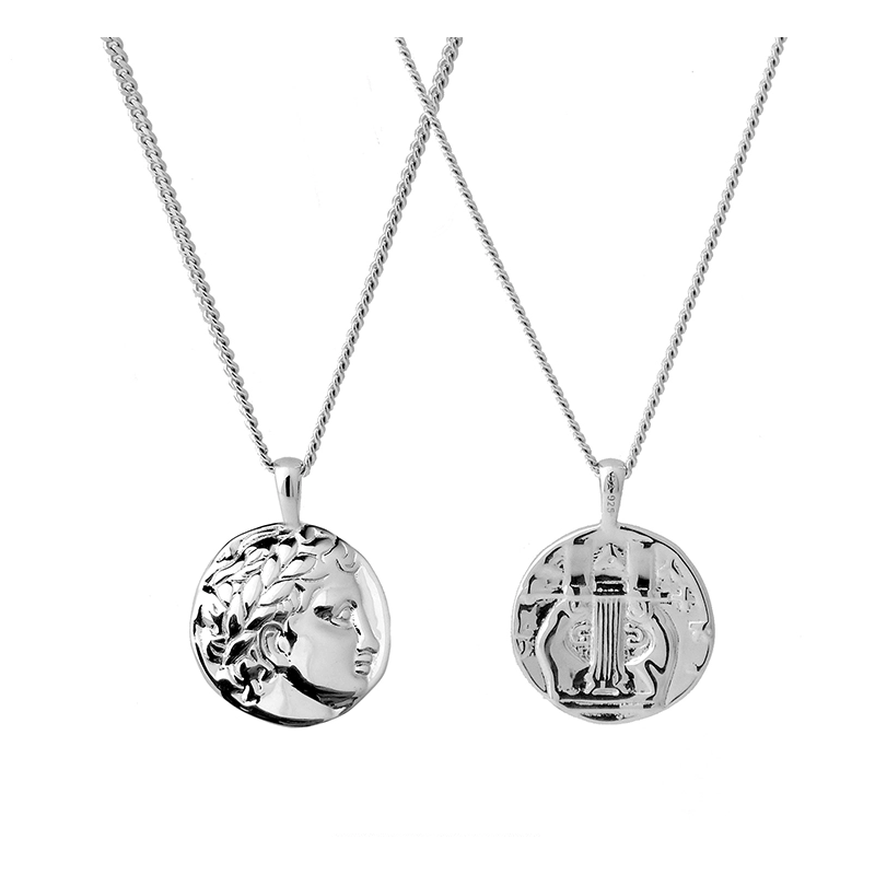 [WBT] Double-Sided Greek Coin Necklace – Silver-Tone Medallion Pendant